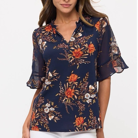 Floral Navy Blouse with Ruffle Sleeves - Picture 2 of 3